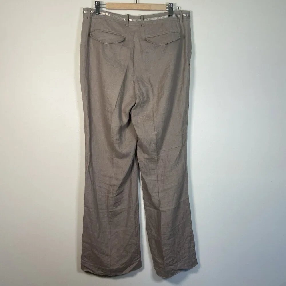 H&M Women’s Size 14 Pants 100% Linen Wide Leg Pockets‎ Mid Rise Tan Taupe Office